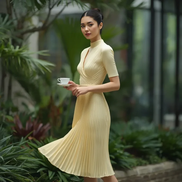 Youthful Sophistication: Structured Pleated Midi Dress in Pastel Yellow | New Instagram trend prompt for girl